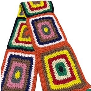 MOSSIMO BoHo 70’s Feel Crochet Scarf Granny Squares with Pom Pom’s Colorful Fun